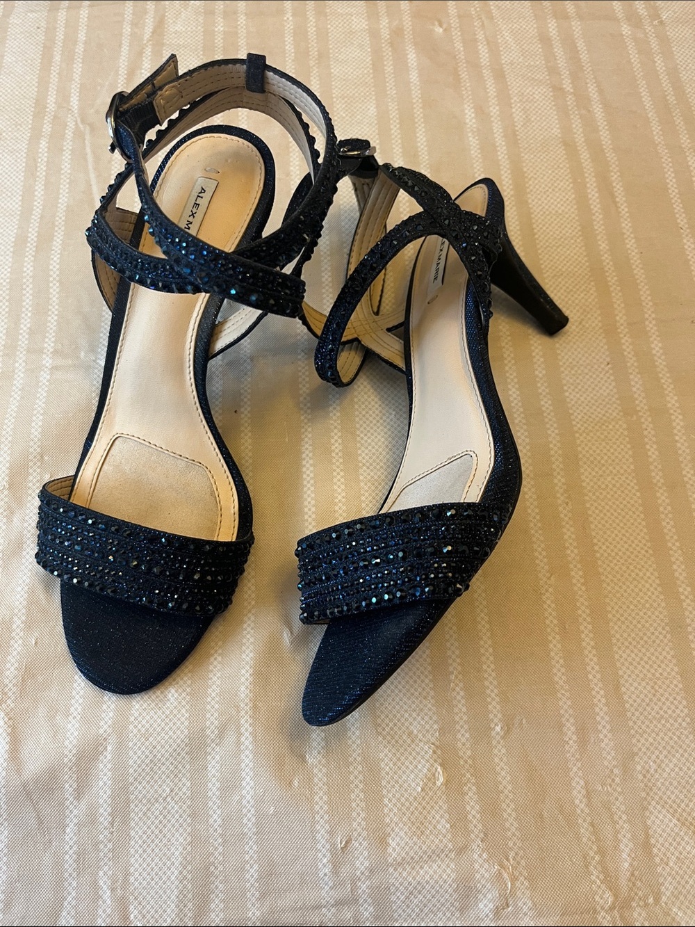 Alex Marie Navy Blue Embellished Open-Toe Heels